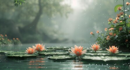 a pond with water lilies and plants, in the style of hazy, dreamlike quality, light gray and orange - 732796144