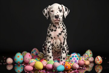 A Dalmatian puppy with a unique Easter egg pattern in its coat, sitting proudly on a reflective surface surrounded by a ring of colorful eggs.