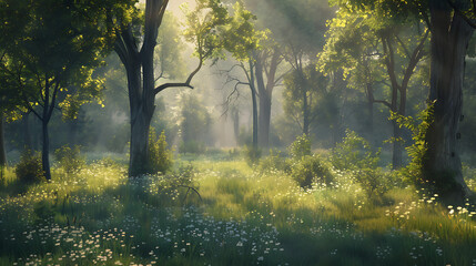 A serene forest glade with dappled sunlight filtering through the trees, capturing the beauty of nature and tranquility - obrazy, fototapety, plakaty