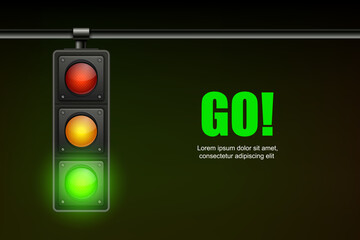 Vector Realistic Banner with Hanging Traffic Light with Glowing Green Permissive Signal Isolated on Black Background