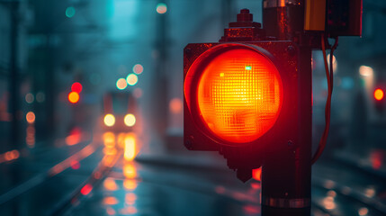 Traffic red light on the blurred city street, stoplight sign - obrazy, fototapety, plakaty