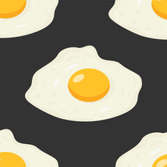 Vector Seamless Pattern with Flat Fried Egg, Omelet on a Black Background. Healthy Breakfast, Protein Food, Diet Meal Concept. Design Template