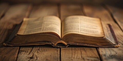 Obraz premium An antique open book on a wooden table, invoking themes of history, education, or classic literature.