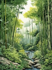 Serene Bamboo Forests: Vintage Woodland Art Print � Captivating Greenery and Lush Landscape