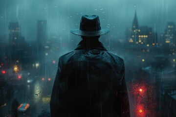 Mafia bandit standing in the rain at the night top of a city - obrazy, fototapety, plakaty
