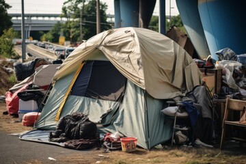 Homeless people living in tents in the city