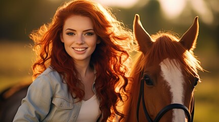 Fototapeta premium Beautiful redhead girl with long curly hair and white horse at sunset