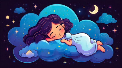 Obraz na płótnie Canvas Beautiful girl sleeping on a cloud on a dark starry night. Generated with AI