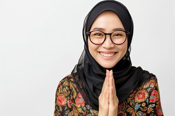 Asian Muslim woman wearing glasses smiling to give greeting during Ramadan and Eid Al Fitr celebration over white background, realistic, HD, copy space - generative ai