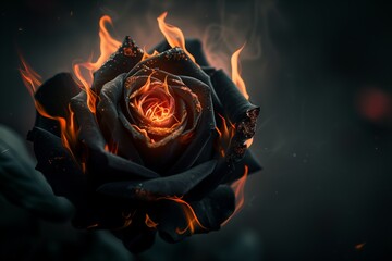A mysterious black rose, its dark petals enveloped in vibrant flames, set against a softly blurred background.