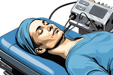 An illustration of a person receiving medical treatment, lying with a ventilation mask, connected to a healthcare machine