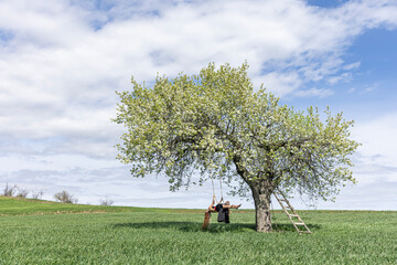 Young girl swinging on a swing in a pear tree. Wooden swing on which a happy woman swings outdoors. Swinging on a swing, dreaming of flying. Travel in nature in spring and summer. Healthy lifestyle.