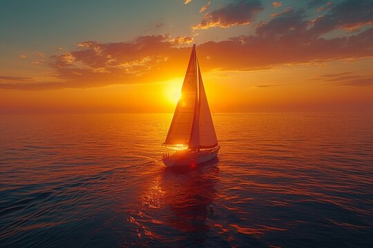 A majestic sailboat glides across the serene waters, its mast reaching towards the sky as the afterglow of a breathtaking sunset paints the horizon