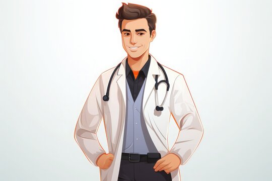 A confident young male doctor in a white coat with a stethoscope smiles warmly, giving an impression of friendliness and competence in healthcare