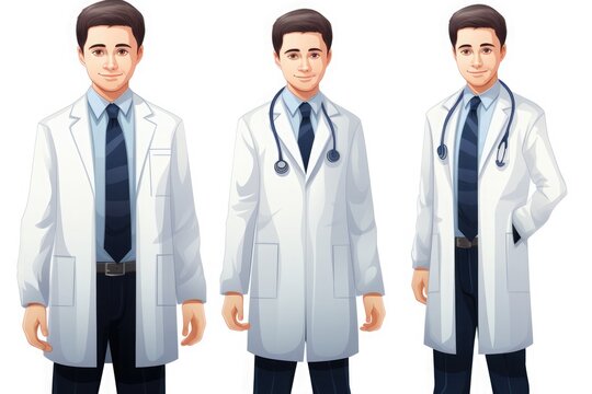A set of illustrations portraying a male medical professional in different poses, in formal attire with a lab coat and stethoscope