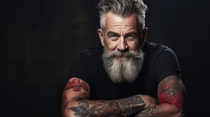 adult man with gray hair and tattoo smiling. drawing on the skin. average age. self-expression and beauty