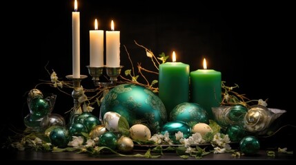 Traditional Easter colored eggs. The table is set for the holiday in green tones. napkin, candles and plate with treats.