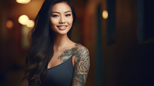 young asian woman with tattoo smiling. portrait of a generation Z girl. drawing on the skin. self-expression and beauty