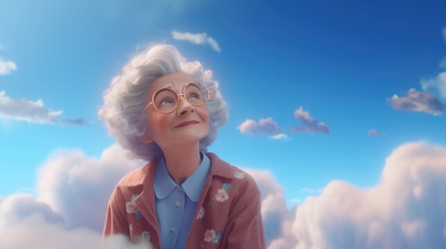 adult woman on the clouds. the old man died and went to heaven and smiles. gray-haired grandmother looks at the sky