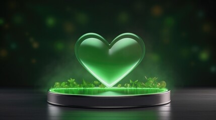 green background for Valentine's Day. with cylinder pedestal, podium. Neon glowing heart. mockup display