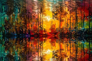 Colorful lakeside forest at sunset, transformed into captivating abstract artwork. Generative AI