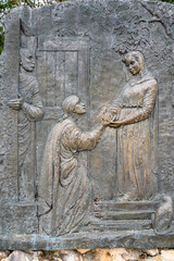 The Visitation – Second Joyful Mystery of the Rosary. A relief sculpture on Mount Podbrdo (the Hill of Apparitions) in Medjugorje.