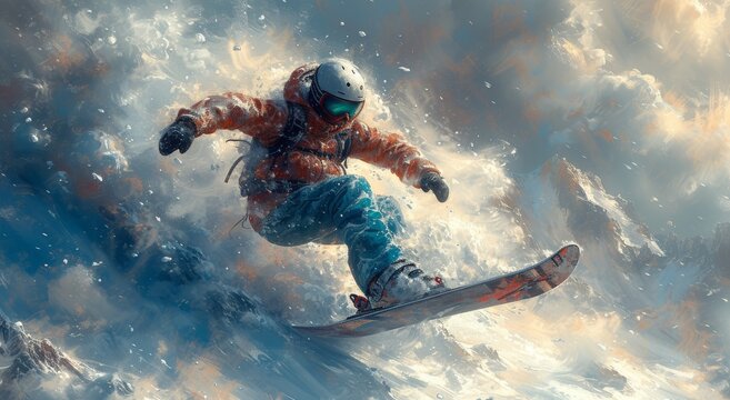 An adrenaline-fueled athlete effortlessly glides down a snowy slope, mastering the art of snowboarding with grace and skill