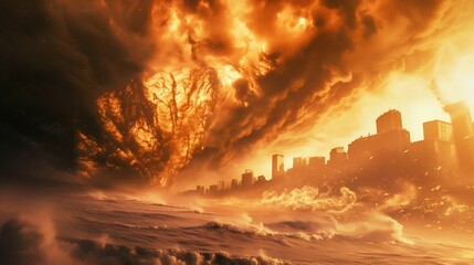 Apocalyptic Cityscape with Fiery Sky. Generative ai