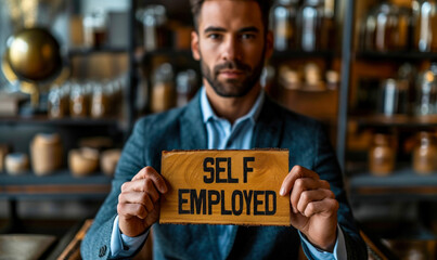 Close up of a man in a suit presenting a wooden block with the words SELF EMPLOYED engraved on it, concept of entrepreneurship