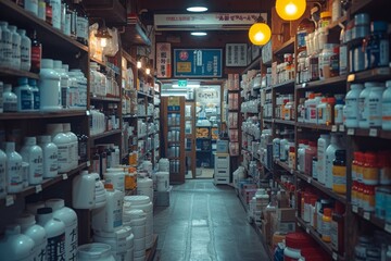 A bustling convenience store scene, filled with rows of medicine bottles lining the shelves, offering a sense of relief and hope in the busy city streets - obrazy, fototapety, plakaty