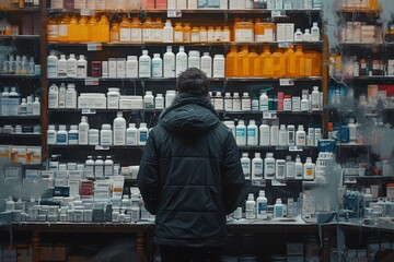 A person stands outside a bustling city drug store, contemplating which bottle of medicine to purchase from the shelf in front of them