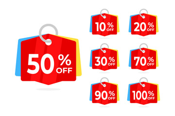 Set of discount coupon or shopping tag from 10 to 100 percent off price reduction badge promotion. Vector illustration.