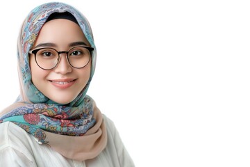 Asian Muslim woman wearing glasses smiling to give greeting during Ramadan and Eid Al Fitr celebration over white background, realistic, HD, copy space - generative ai