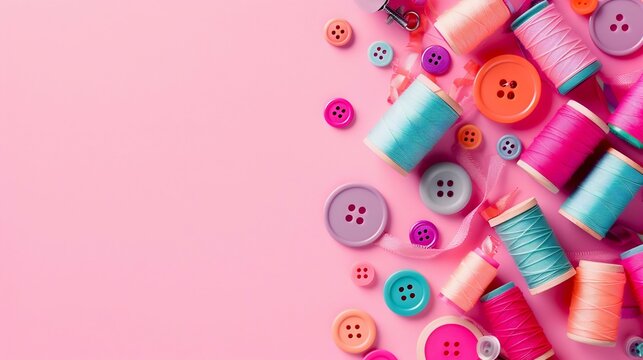 Colorful Sewing Threads and Buttons on Pink Background. Generative ai