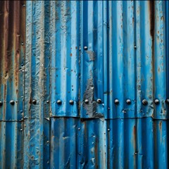 Blue corrugated metal roof with rivets, industrial background.