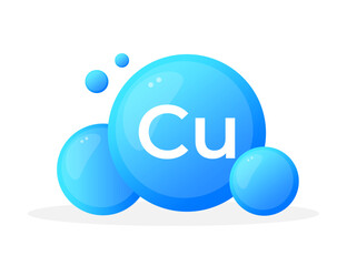 Blue bubbles with the chemical symbol Cu representing copper