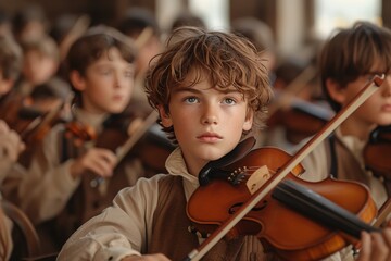 A young boy's passion for music fills the room as he expertly plays the violin, surrounded by the...