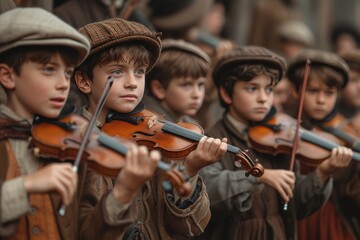 A young group of violinists clad in traditional clothing and adorned with hats, playing their...