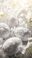 A serene setting of monochrome Easter eggs, each adorned with white floral lace patterns, set amongst a delicate arrangement of white lilies.