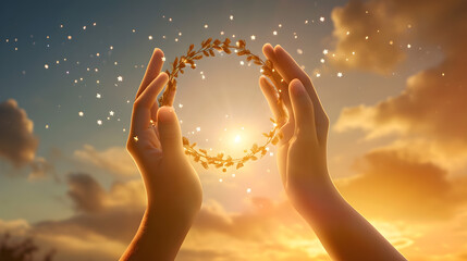 hand holding the sun at dawn, hand holding a branch and the sun