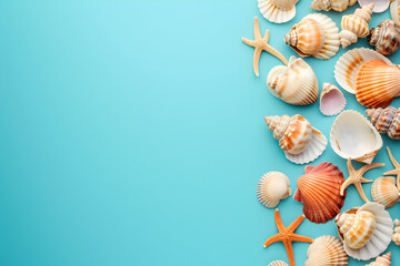 top view of blue sea background with seashells. the concept of travel , the seashore