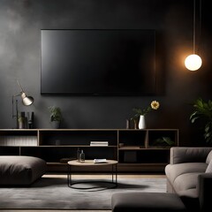  A Realistic Portrait of a LED TV Harmonizing Effortlessly within the Modern Elegance of a Dark-Walled Contemporary Living Space, Illuminating the Essence of Symbiotic Design