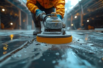 Amidst the sound of rushing water, a determined person clad in yellow clothing expertly uses a machine to transform a rough concrete floor into a gleaming work of art