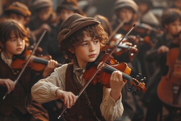 Amidst a bustling crowd, a young violinist captivates with his skilled performance, adorned in...