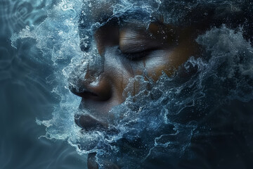 A conceptual photo of a serene face with ripples extending outward, representing the impact of thoughts on surroundings. Concept of thought influence and mental power. Generative Ai.