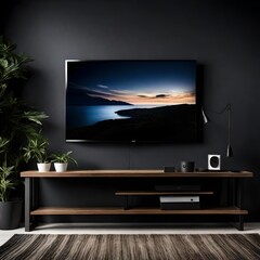  A Realistic Portrait of a LED TV Harmonizing Effortlessly within the Modern Elegance of a Dark-Walled Contemporary Living Space, Illuminating the Essence of Symbiotic Design