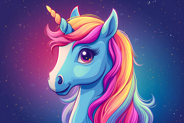 Unicorn head with rainbow mane, cute cartoon style drawing. design for poster, sticker, cover, postcard