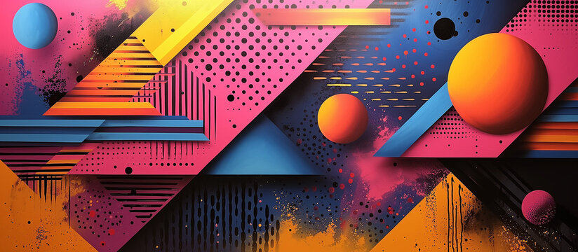 Geometric abstract background. Abstract horizontal banner. 80's graphic design style. Digital artwork raster bitmap. AI artwork.