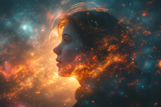 An artistic image of a person's silhouette against a backdrop of cosmic waves, symbolizing universal connectivity. Concept of universal connection and psychic bonds. Generative Ai.