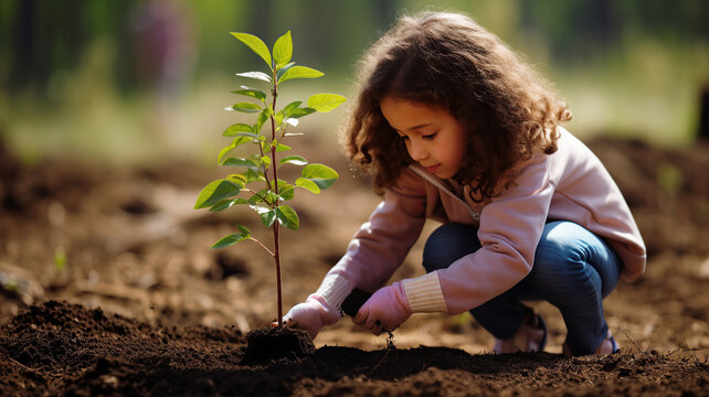 Little girl planting a plant. Eco concept